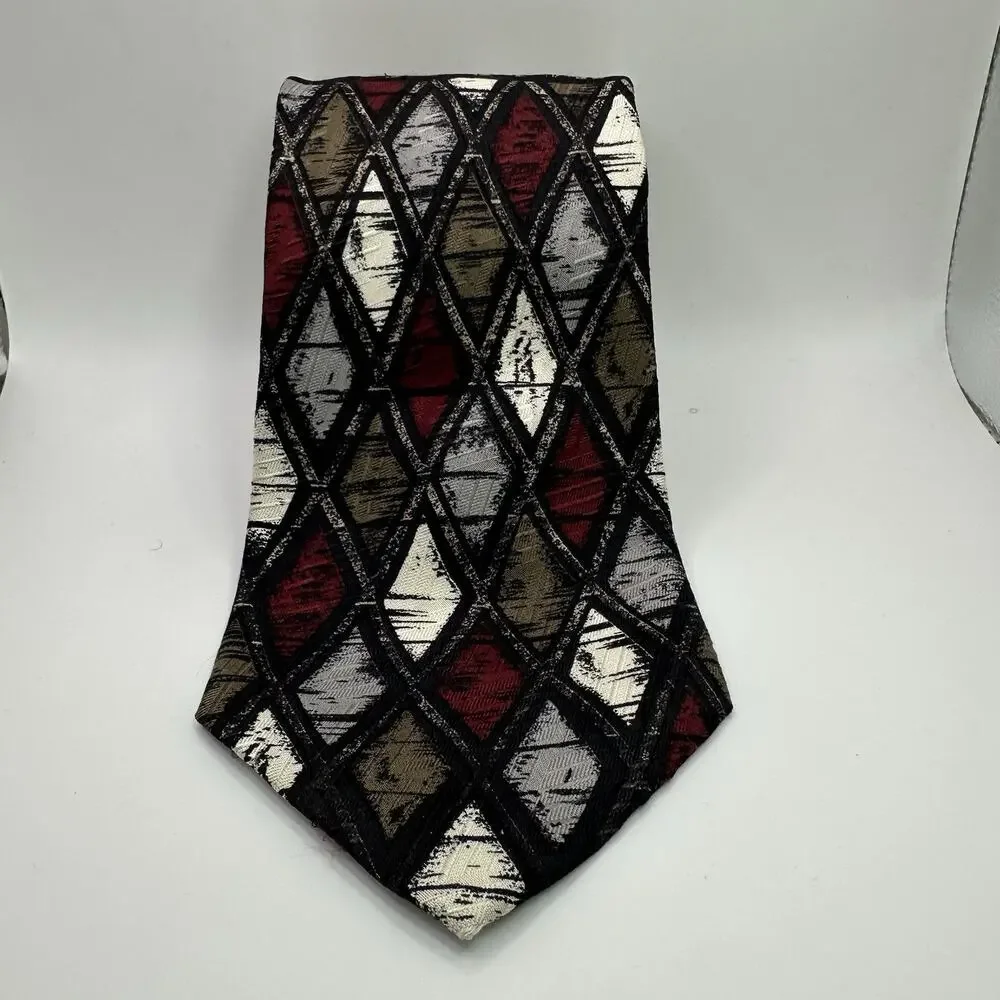 Bachrach‎ Tie Made In Italy 100% Silk Geometric Diamond Red Gray Black